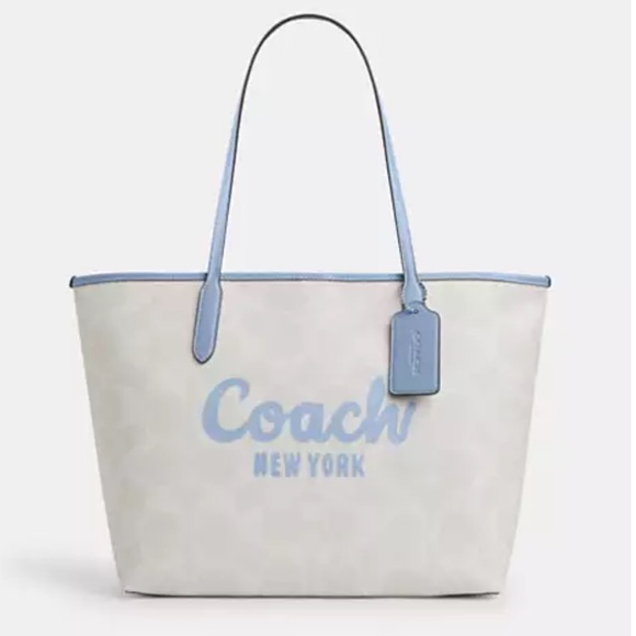 🩵 Coach NWT White and Light Blue City Tote Bag With Signature Coach Graphic - Picture 1 of 8